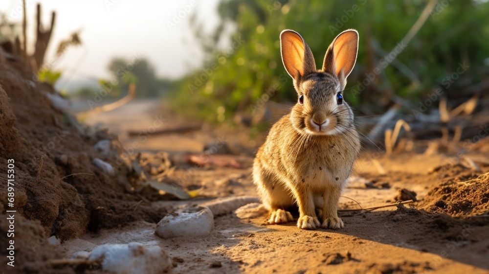 Wall mural a desert cottontail (sylvilagus audubonii) rabbit sits on a dirt trail in los angeles - Wall murals