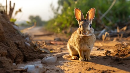 A desert cottontail (Sylvilagus audubonii) rabbit sits on a dirt trail in Los Angeles