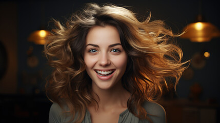 Fototapeta premium Radiant brunette woman in soft indoor light