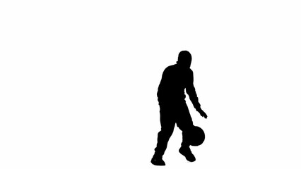 Fototapeta na wymiar Portrait of kid boy isolated on white background with alpha channel. Silhouette of schoolboy playing with basketball ball.