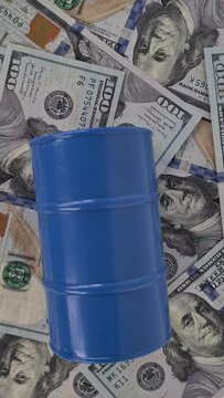 Oil barrels against background of American dollars. Oil sales and oil market export embargo