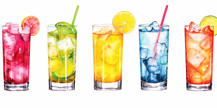 Watercolor style, white banner with a variety of cocktails on a white background.