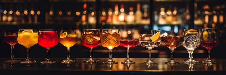Variety of alcoholic drinks and multi colored cocktails on the reflective surface of bar counter. Blurred shelves with bottles on background. AI generative.