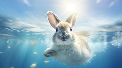 a rabbit swimming in a pool,bunny jumping on blue water,bunny jumping on swimming in a...