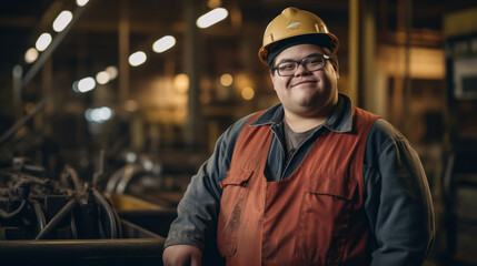 Fototapeta premium Portrait of a young man with Down syndrome working in a factory. A smiling man with mental retardation wearing a hard hat at an industrial enterprise. Social integration concept.