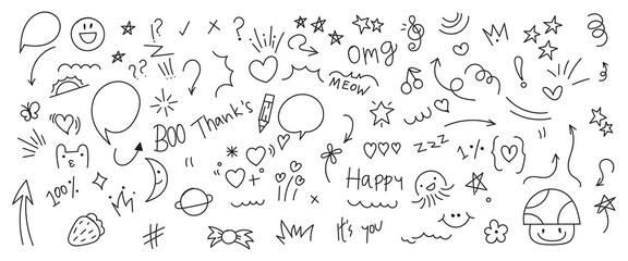 Set of cute pen line doodle element vector. Hand drawn doodle style collection of heart, arrows, scribble, speech bubble, flower, stars, words. Design for print, cartoon, card, decoration