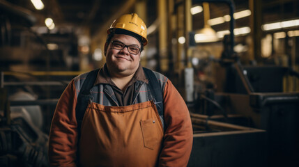 Portrait of a young man with Down syndrome working in a factory. A smiling man with mental retardation wearing a hard hat at an industrial enterprise. Social integration concept.