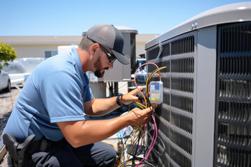Technician Works On Air Conditioning Unit On Hot Day