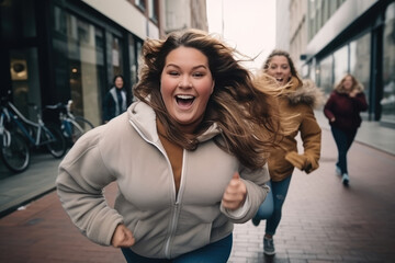Two Young Plus Size Women Running Fast On City Street. Сoncept Body Positivity, Fitness For All, Size Inclusivity, Breaking Stereotypes, Empowered Women - obrazy, fototapety, plakaty
