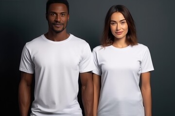 White Woman And Black Man Wearing Blank White Tshirts Mockup Highquality Photo