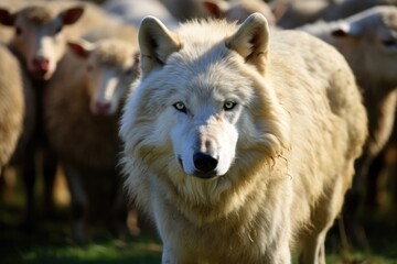 Obraz premium Wolf Lurking Among Unsuspecting Sheep Highquality Photo
