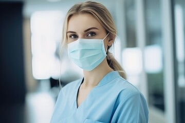 Woman In Hospital Wearing Mask, Representing Various Professions. Сoncept Frontline Heroes, Essential Workers, Diversity In Professions, Symbol Of Resilience - obrazy, fototapety, plakaty