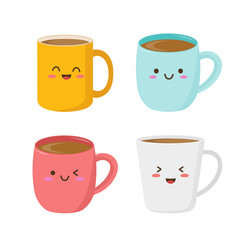 Set of coffee mugs in Kawaii style. Mugs in cartoon style. Vector illustration in a flat style. Isolated on a white background.	
