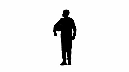 Portrait of kid boy isolated on white background with alpha channel. Silhouette of schoolboy standing posing at the camera with football ball.