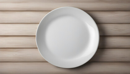 Ceramic white flat plate for food on wooden table top view