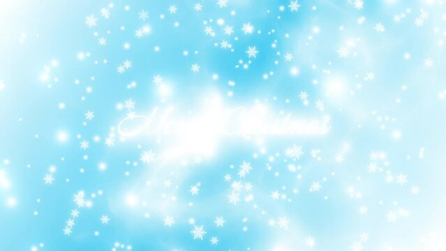 Abstract Christmas background with Merry Christmas text and white snowflakes falling slowly from top to bottom on light blue background. Happy Holidays greeting. Copy space.