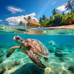 Turtles clear sea water swimming image Generative AI