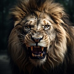 Fototapeta premium Terrible angry lion face images Generative AI