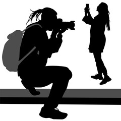 Vector silhouettes of two photographers. A girl in a coat with a phone, hands up, a guy crouched down and takes pictures with a camera