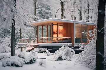 A house in a snowy forest architecture photography, natural light and soft shadows vibrant colors