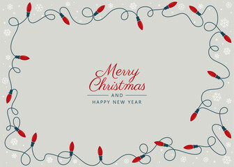 Vector Christmas template frame card with Christmas lights and snowflakes. Text: Merry Christmas and Happy New Year.