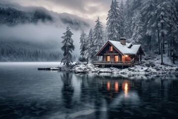 Fototapeta na wymiar A serene winter landscape with a snow-covered cabin and a frozen lake