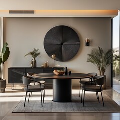 dining area with a round black-colored dining table in an apartment