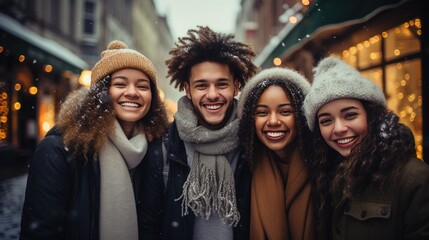 group of young friends having fun on European street in winter - obrazy, fototapety, plakaty