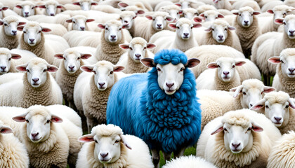 Un mouton bleu dans un troupeau de mouton blanc, concept être différent, penser différemment, sortir du lot, être original - IA générative - obrazy, fototapety, plakaty
