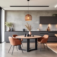 dining area with a round black-colored dining table in an apartment
