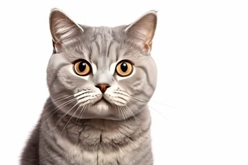 Fototapeta premium Captivating feline charm. Cute and adorable white kitten with grey markings isolated on white background. Playful british shorthair showcases beautiful fur and expressive eyes cat