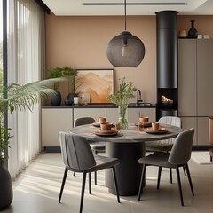 dining area with a round black-colored dining table in an apartment