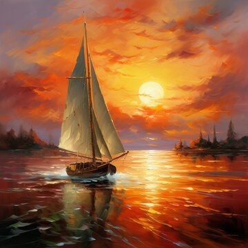 Sunset excellent nice painting sailboat image Generative AI