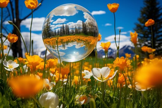 
Bright sunny spring landscape with the wild Globe-flowers on the meadow near the aspen forest