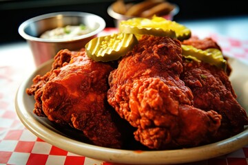 Nashville hot fried chicken with pickle., Classic american fried chicken cuisine - obrazy, fototapety, plakaty