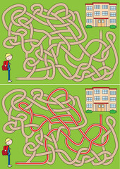 Boy going to school maze for kids with a solution