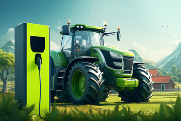 Electric vehicles charging station on a background of agricultural tractor. Concept - obrazy, fototapety, plakaty