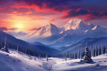 Hyper realistic sunset, purple sky, snowy