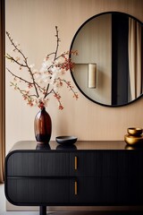 mirror with a black dresser at the entrance