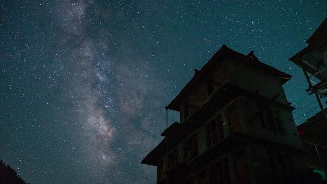 TimeLapse of Milky way over a Houses with Thunder lightning at Night.