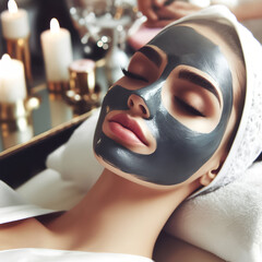 woman does cosmetic black facial mask in beauty salon. skin care. Woman with moisturizing cream mask on face. Facial care and beauty treatments