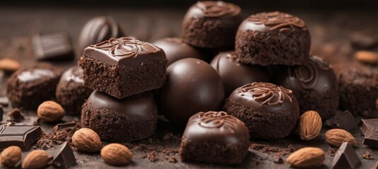 Chocolate balls, mini brownies, almonds all together, Generative Ai