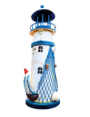 Blue and white lighthouse with decoration isolated on transparent background. Summer holiday vacation concept. PNG
