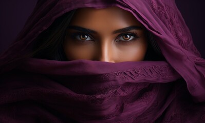 Majestic Purple Gaze.
Woman's striking gaze, face framed by a purple hijab.