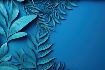 Collection of tropical leaves, foliage plants in blue color with space background.