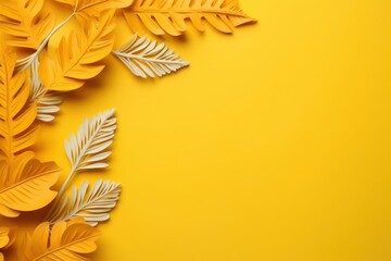 Collection of tropical leaves and foliage plants on a yellow background. - obrazy, fototapety, plakaty