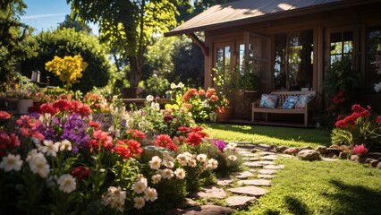 Fototapeta na wymiar looming House Garden - Vibrant Flowers, Lush Greenery, Sunlight Harmony, Diversity Of Plant Species