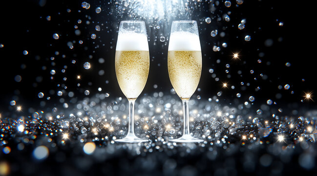Two glasses of champagne with bubbles and tiny diamonds sparkling around.