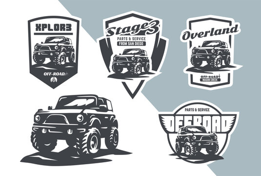 Set of classic off-road suv car emblems, badges and icons. Rock crawler car on trail. Isolated suv front side view.