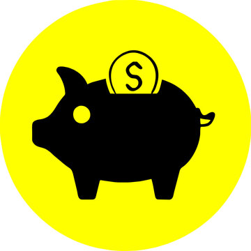 Piggy bank vector icon on yellow round background isolated on transparent background Fully scalable